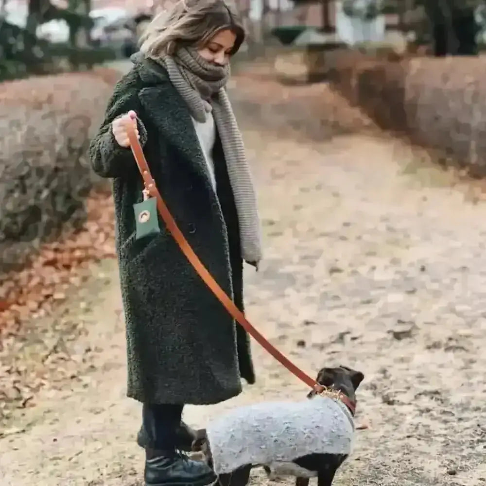 Grey waxed canvas dog poo bag holder with teddy bear coat design