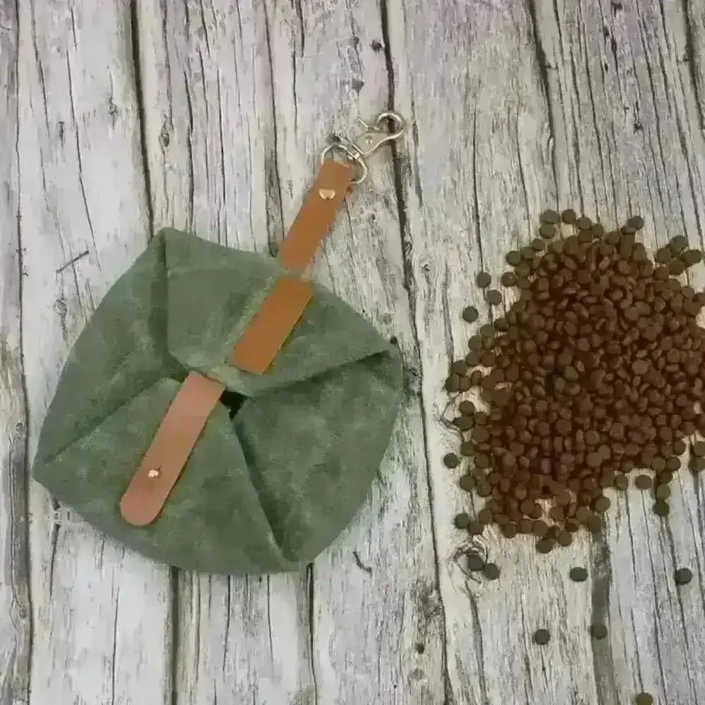 Introducing Dapper Dog’s olive green suede dog treat pouch with leather accents and metal clasp, paired with canvas dog bowl