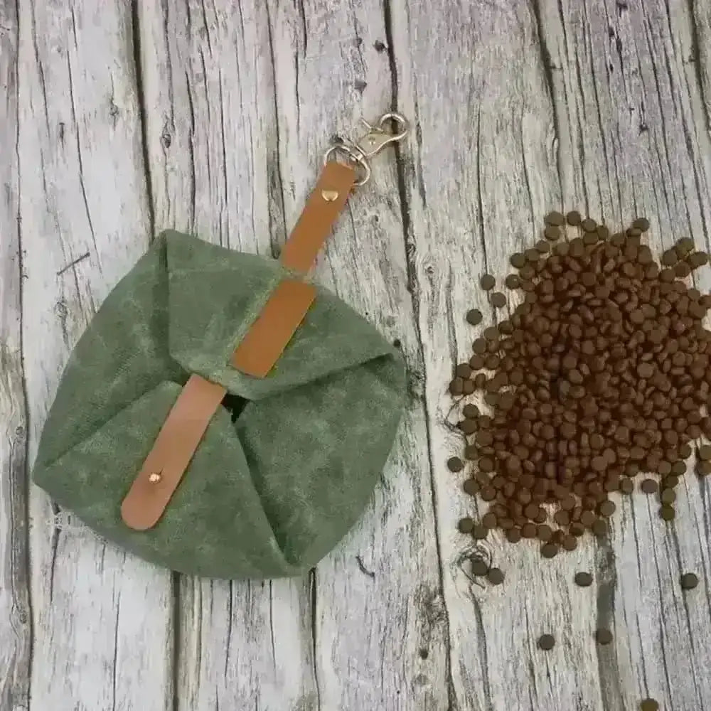 Introducing Dapper Dog’s olive green suede dog treat pouch with leather accents and metal clasp, paired with canvas dog bowl