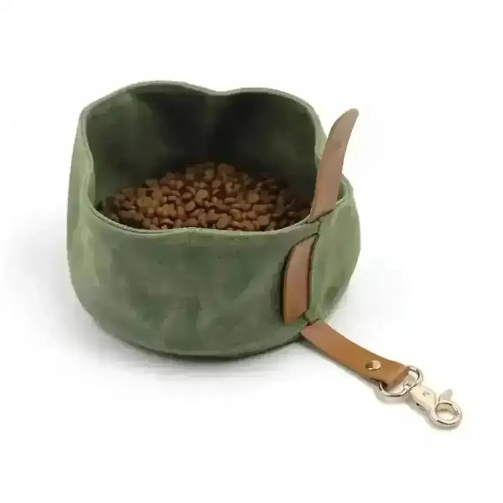 Dapper Dog’s canvas green dog bowl with leather strap