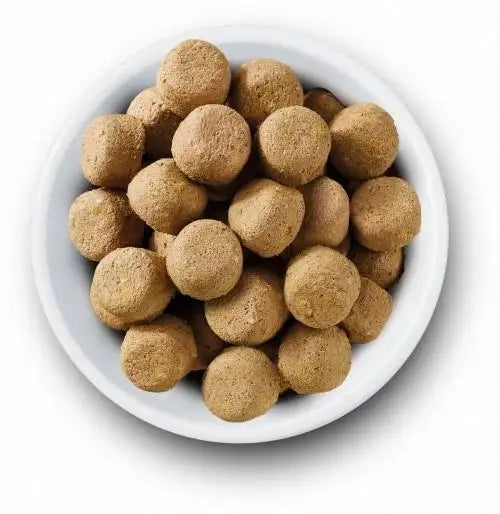 A white ceramic bowl filled with round, brownish-brown pet treats.