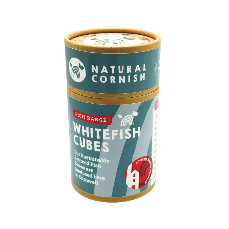 Teal white fish cubes container with natural Cornish whitefish label