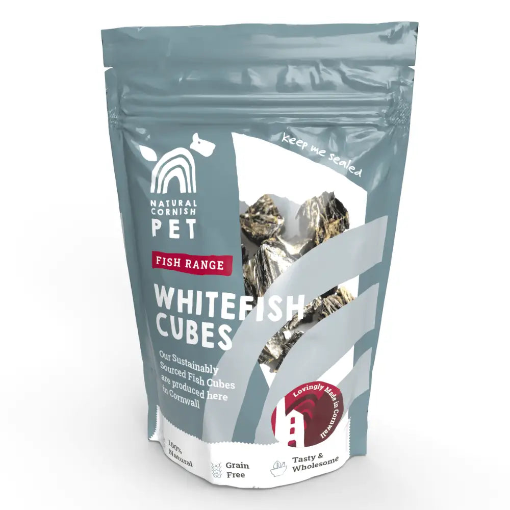 Matte gray resealable pouch of Cornish Pet whitefish cubes for dogs 75g with essential fatty acids