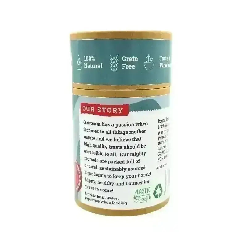 White fish cubes for dogs in plastic-free teal package with essential fatty acids
