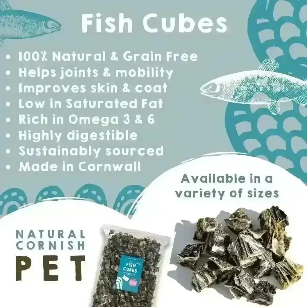 Natural fish treats bag featuring white fish cubes for dogs with black and white design from Cornwall