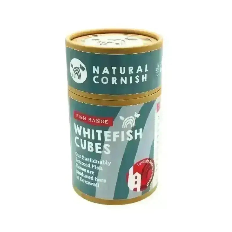 Teal white fish cubes container with natural Cornish whitefish label