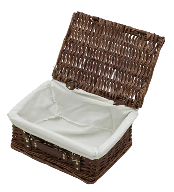 Wicker storage basket with white lining and brown handles, rectangular shape.