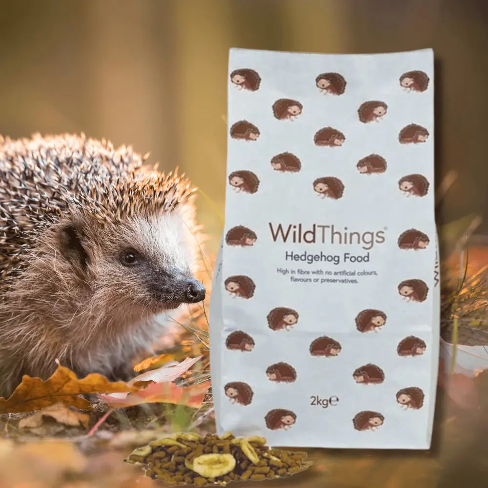 WildThings Hedgehog Food 2kg bag with white brown hedgehog pattern