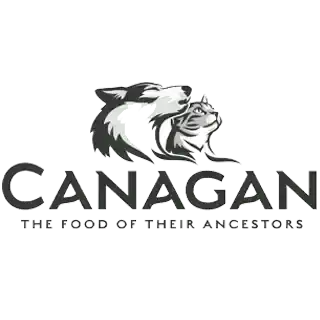 Wolf logo on black background with white text ’canagan’ and tagline ’the food of their ancestors.’
