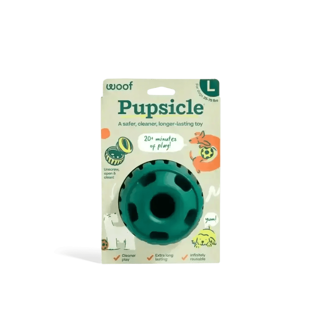 Dog enrichment toy Woof Pupsicle Forest Green with textured green rubber ball and black center
