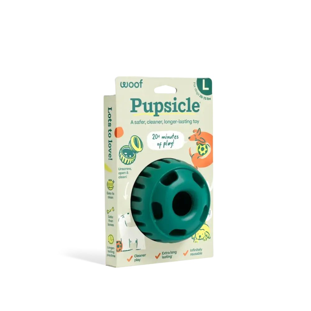 Dog enrichment toy Woof Pupsicle Forest Green with holes and textured surface for dogs