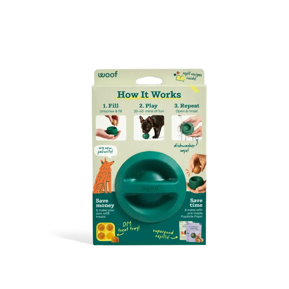 Woof Pupsicle Forest Green dog enrichment toy with circular treat opening