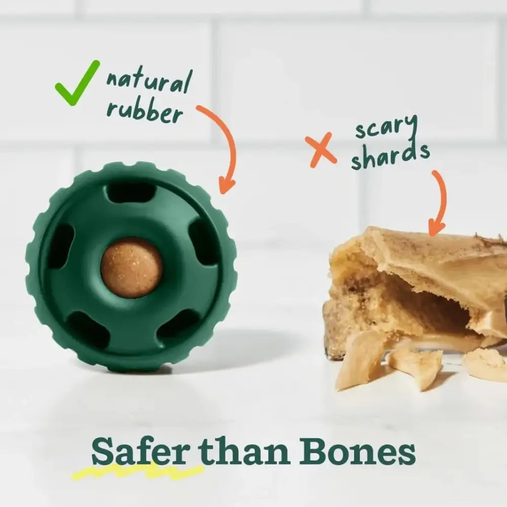 Green natural rubber dog enrichment toy with holes and wooden core for safe play
