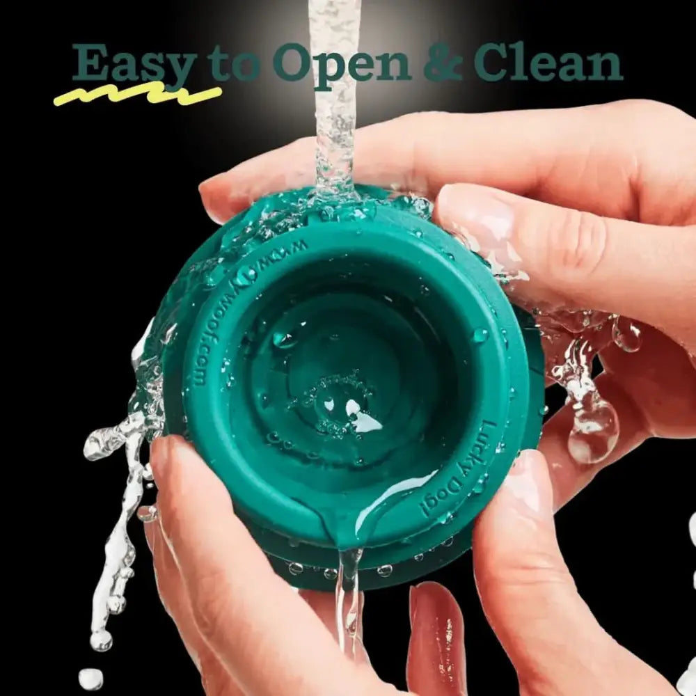 Green silicone dog enrichment toy water bowl with easy-open lid for hydration