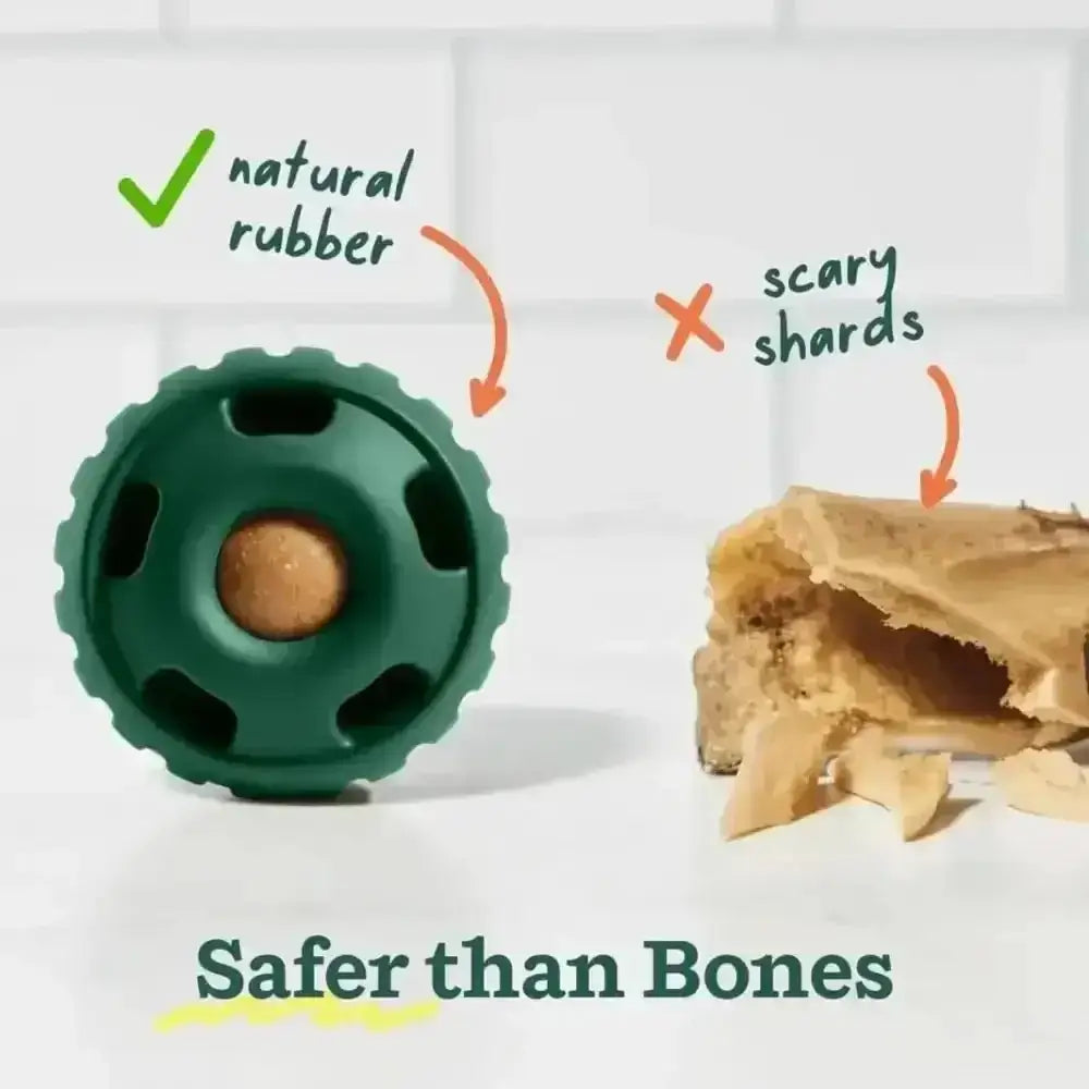Green natural rubber dog enrichment toy with holes and wooden core for safe play