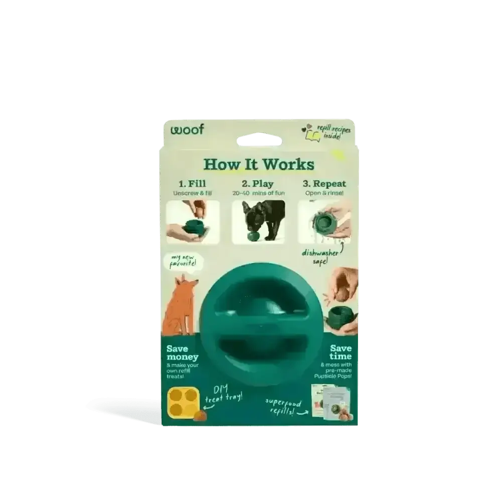 Woof Pupsicle Forest Green dog enrichment toy with circular treat opening