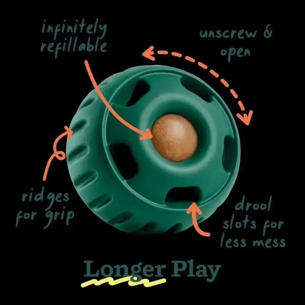 Green dog enrichment toy with ridges and drool slots for less mess, made of durable plastic