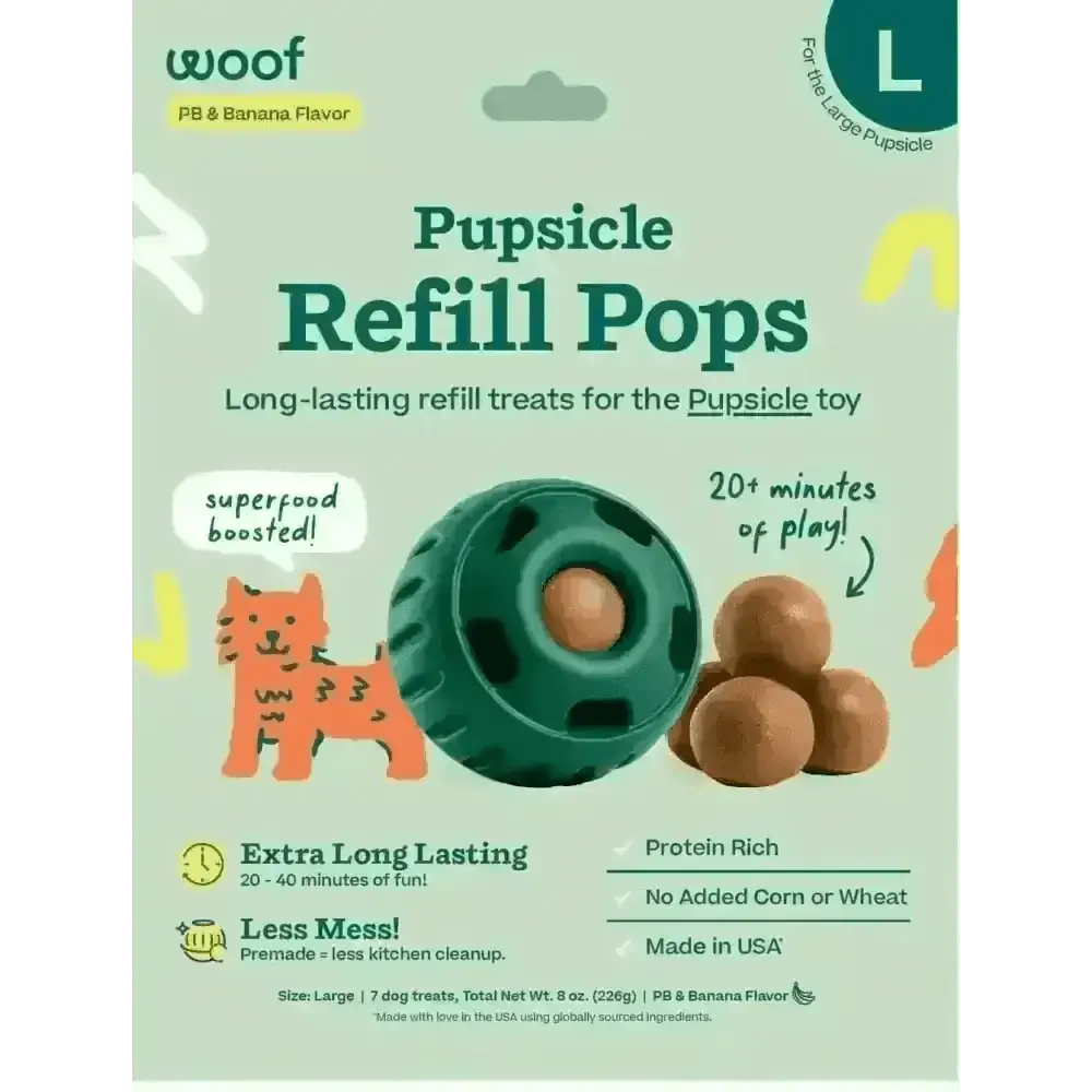 Woof Pupsicle Peanut Butter & Banana Refills with protein-rich, long-lasting treats for dogs