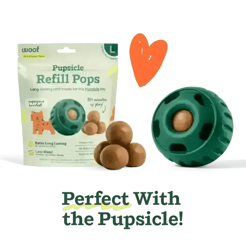 Woof Pupsicle Peanut Butter & Banana refill treats in green plastic dog toy with brown treats