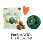 Woof Pupsicle Peanut Butter & Banana refill treats in green plastic dog toy with brown treats