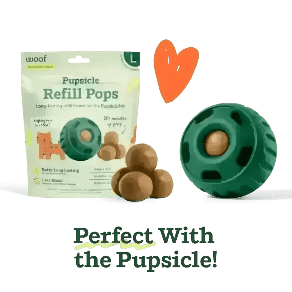 Woof Pupsicle Peanut Butter & Banana refill treats in green plastic dog toy with brown treats