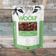 Woolf Lamb Chunkies dog treat bag showcasing natural lamb chunkies as a high protein treat