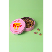 Pink WZIS Lamp Post & Chips tin of plant-based treats with lightning bolt design