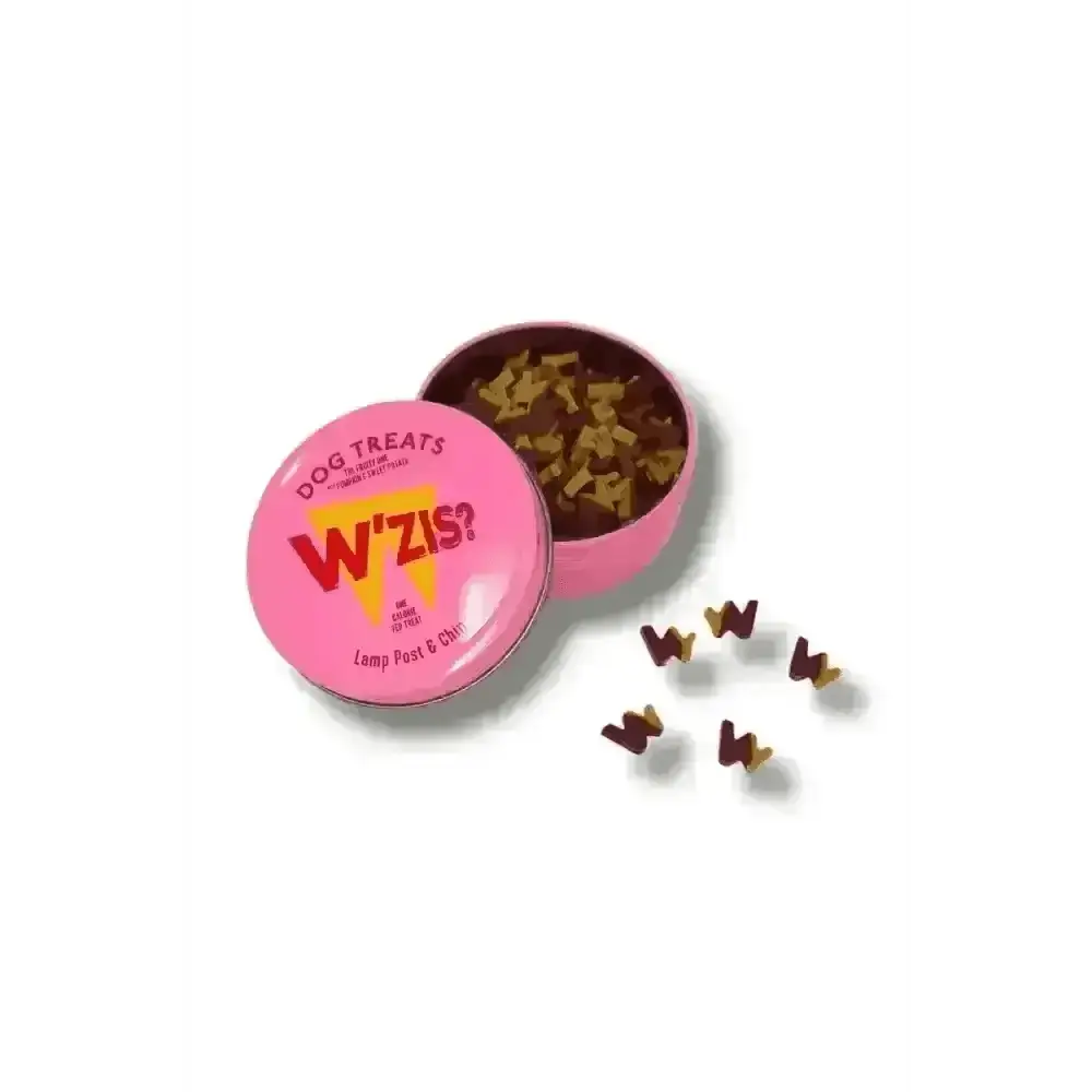 W’ZIS? Lamp Post & Chips Tin: Pink tin with plant-based dog treats promoting teeth cleaning