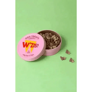 Pink WZIS Lamp Post & Chips tin of plant-based treats with lightning bolt design