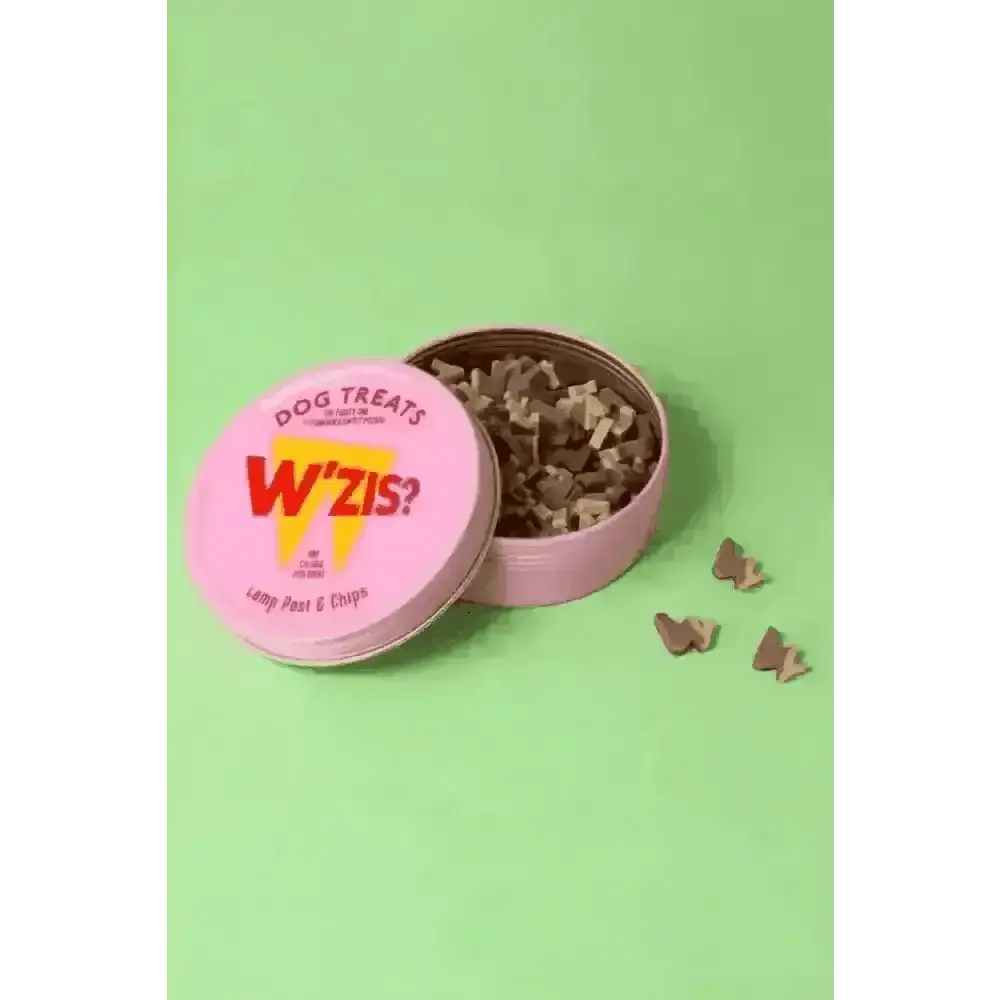 Pink WZIS Lamp Post & Chips tin of plant-based treats with lightning bolt design