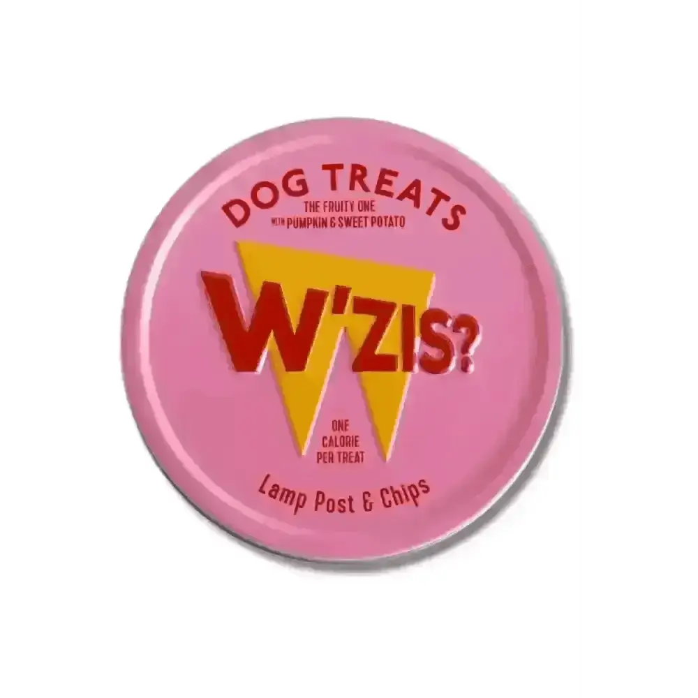 Pink WZIS? tin of plant-based treats with lightning bolt design