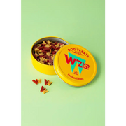 Yellow WZIS? tin with plant-based dog treats for teeth cleaning, angular view
