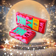 Red Pop Tin Gift Box with pink camouflage pattern and teal tin text