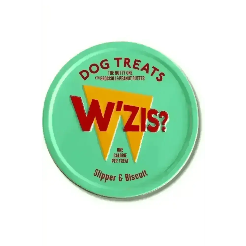 Mint green W’ZIS? tin of plant-based dog treats with angular profile