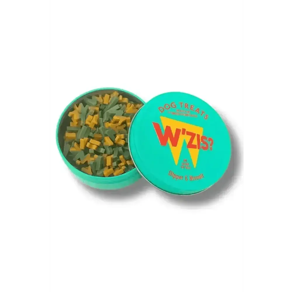 W’ZIS? Slipper & Biscuit Tin of angular profile plant-based dog treats promoting teeth cleaning
