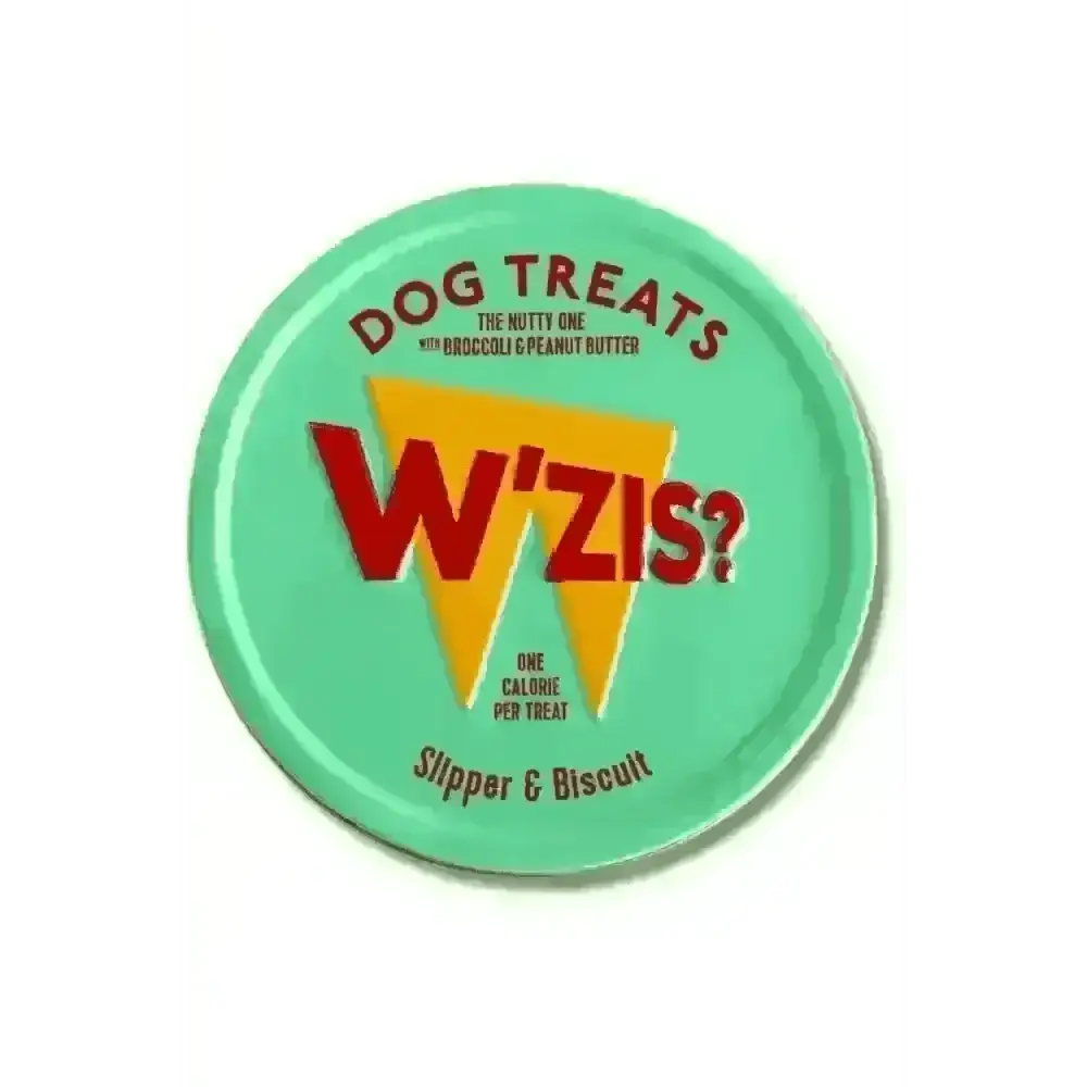 Mint green W’ZIS? tin of plant-based dog treats with angular profile