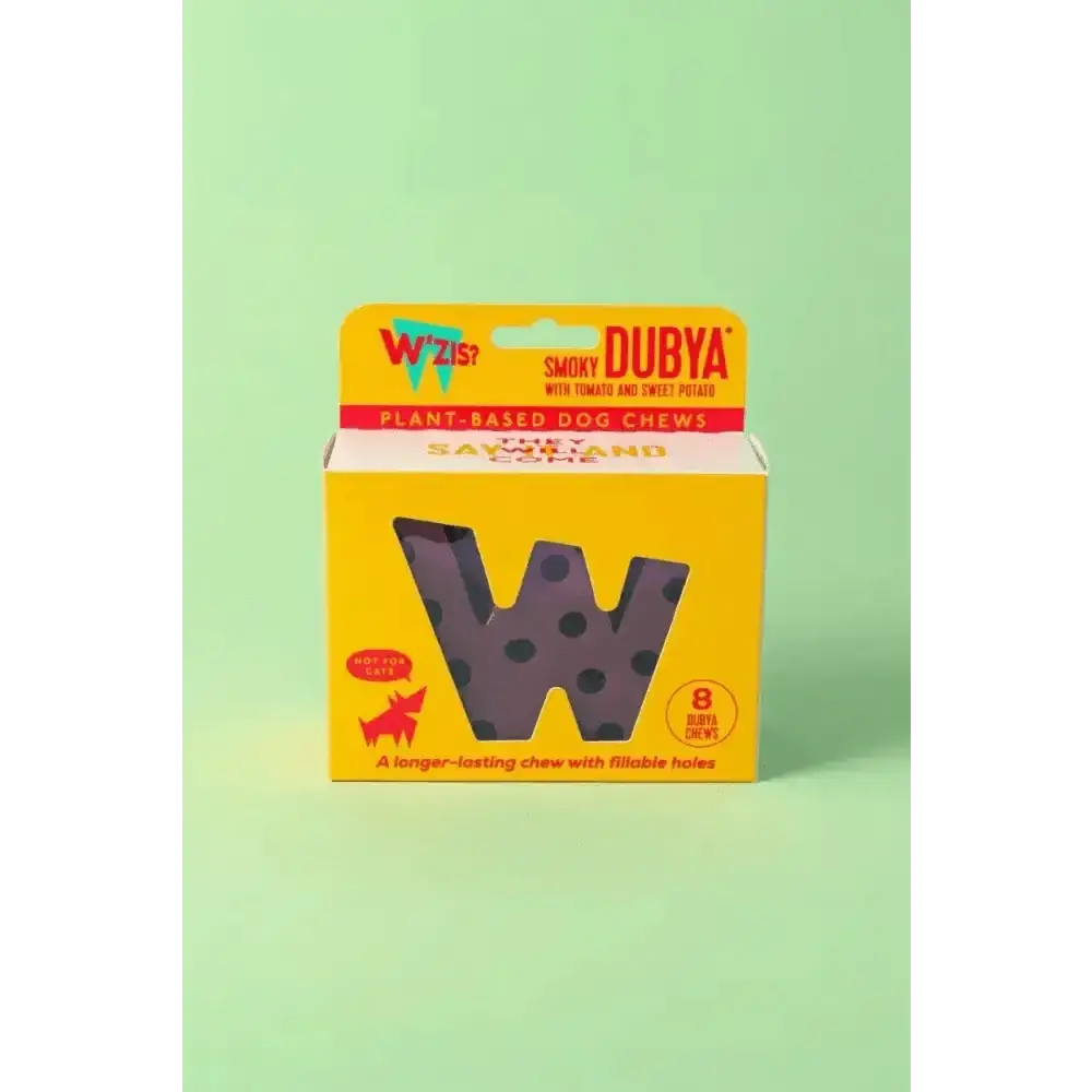 Yellow and black dog chew box with plant-based material and bold W design for Smoky Dubya Vegetable Dog Chew