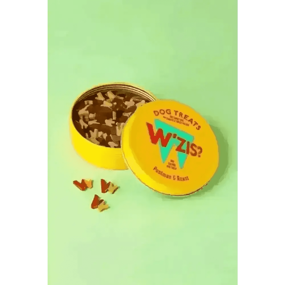 Yellow WZIS? tin with plant-based dog treats for teeth cleaning, angular view