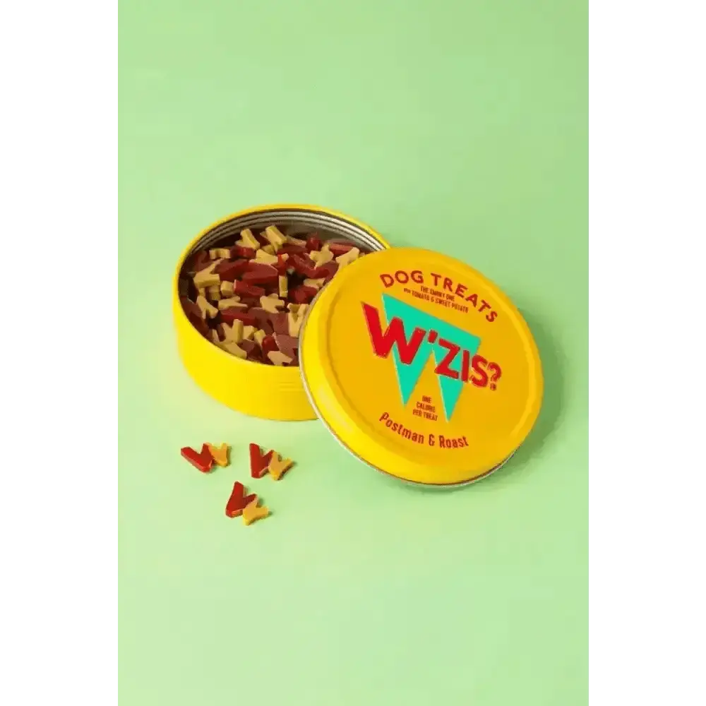 Yellow WZIS? tin with plant-based dog treats for teeth cleaning, angular view