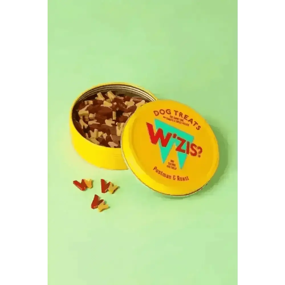 Yellow WZIS? tin with plant-based dog treats for teeth cleaning, angular view