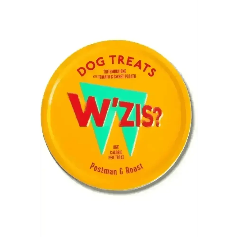 Yellow W’ZIS? Postman & Roast plant-based dog treats tin with angular profile