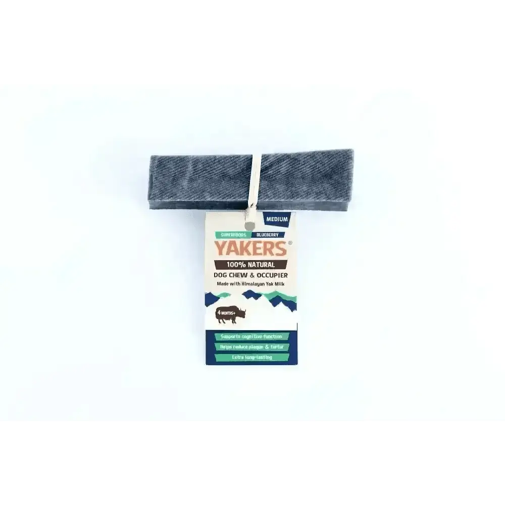 Yakers Blueberry Dog Chew with natural dog chew and gray denim texture featuring superfood blueberry