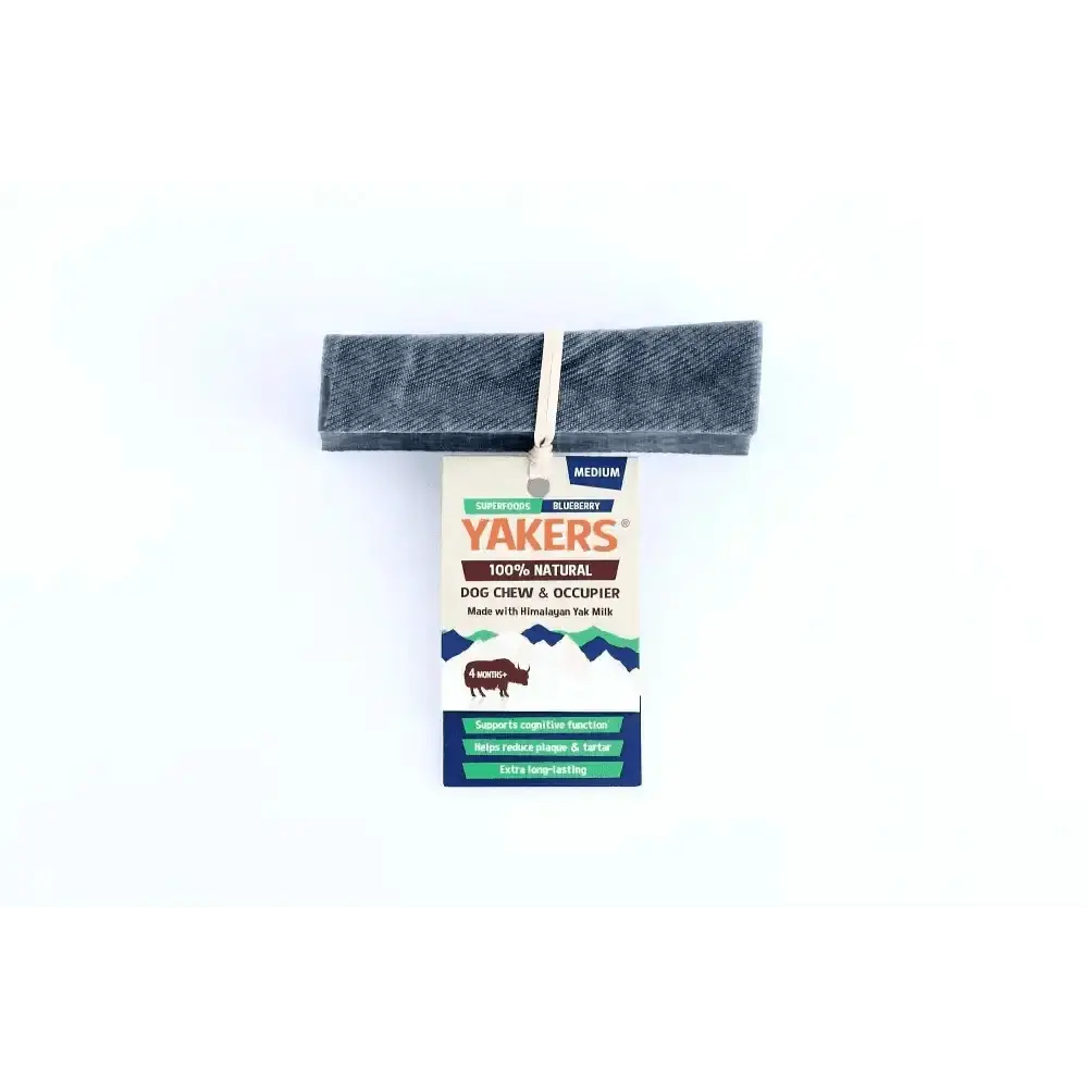 Yakers Blueberry Dog Chew with natural dog chew and gray denim texture featuring superfood blueberry