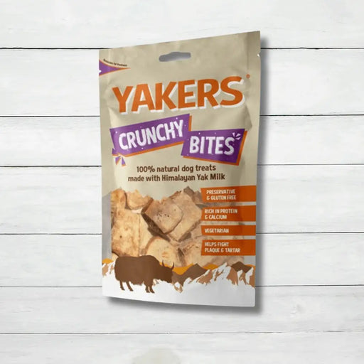 Yakers Crunchy Bites sits on a white rustic background