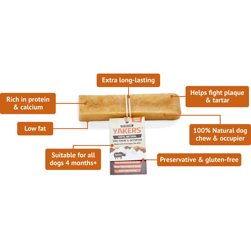Yakers Dog Chew with skimmed yak and cow milk, long-lasting gluten-free treat