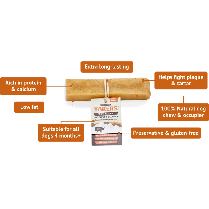 An XL Yakers Chew for Dogs sits on a white background surrounded by information about the chew