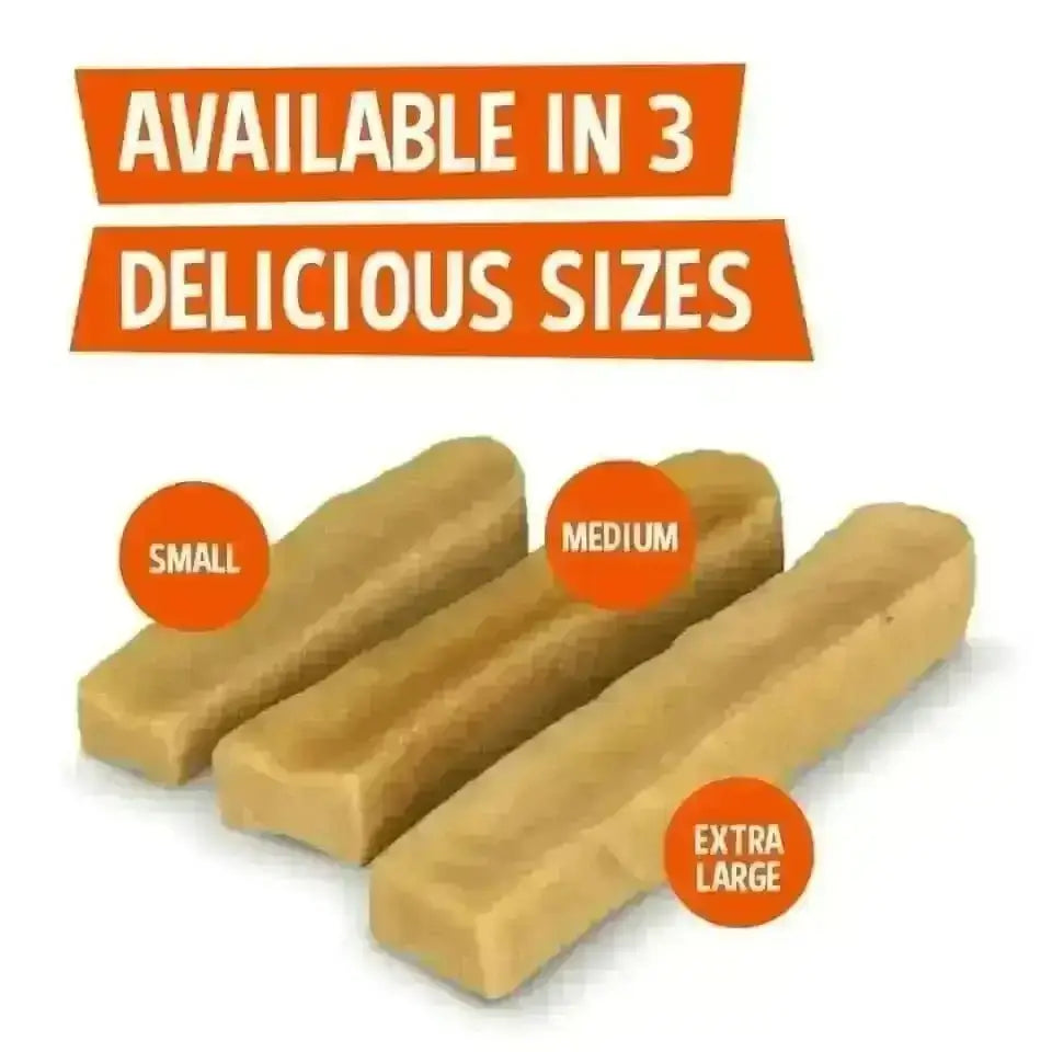 Golden rectangular Yakers Dog Chew with textured surface in small to extra large sizes