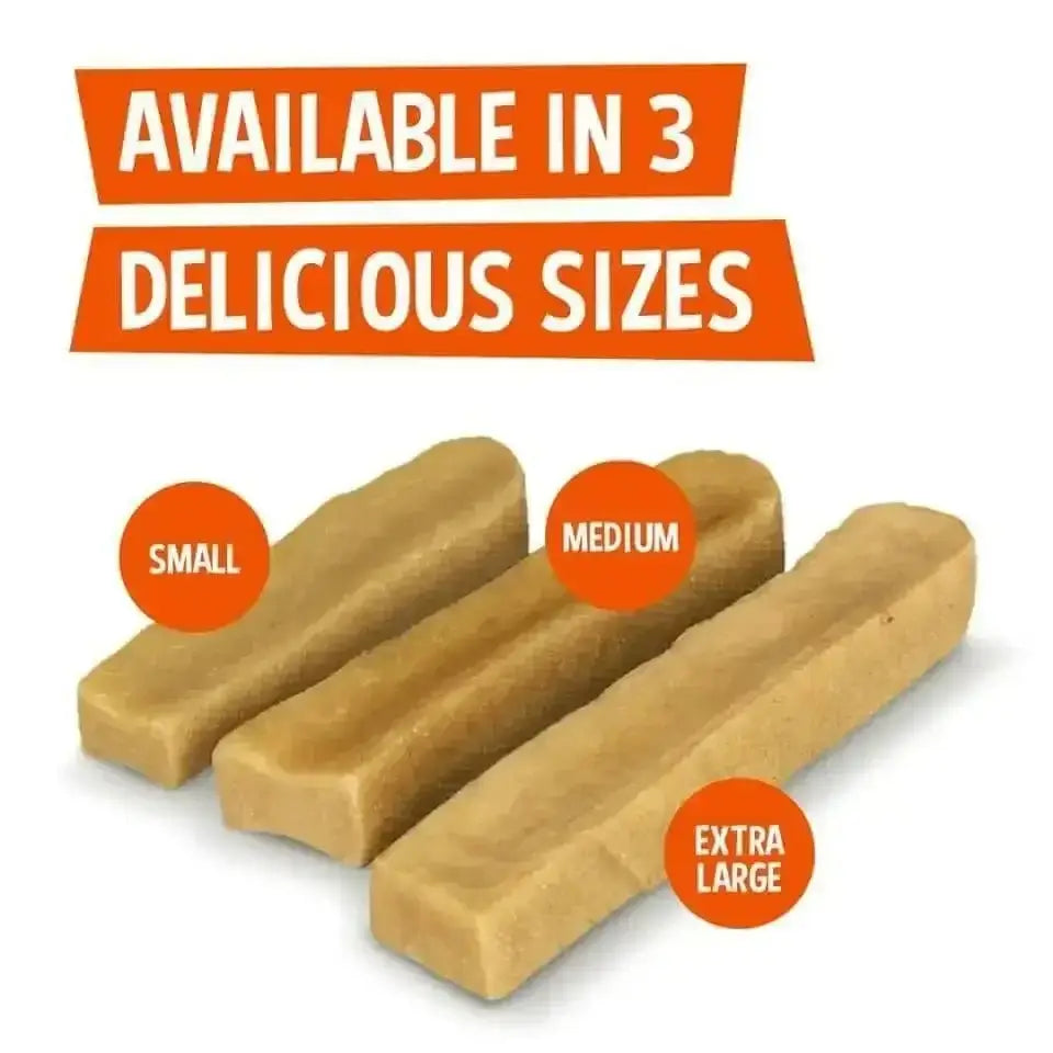 Golden rectangular Yakers Dog Chew with textured surface in small to extra large sizes