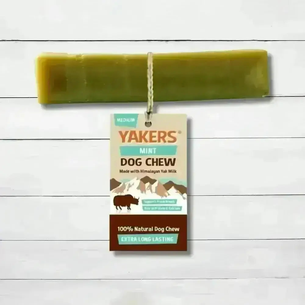 Yakers Mint Dog Chew with green stick design and animal illustrations, natural dog treat