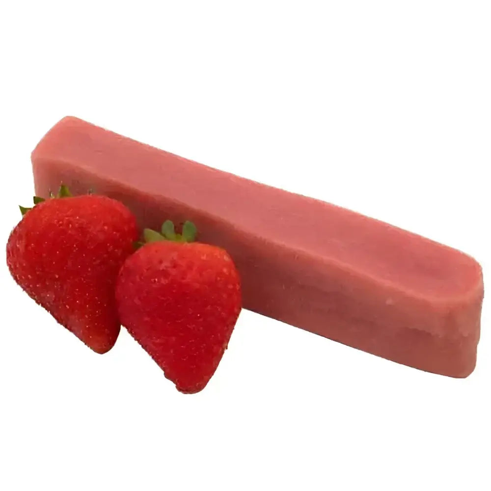 Yakers Strawberry Dog Chew with strawberry-flavored candy bar and pink wrapper featuring red strawberries